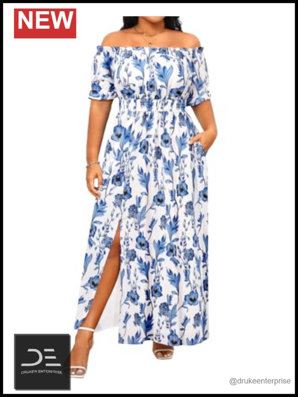 Off Shoulder Puff Sleeve Smocked Waist Boho Maxi Dress with Pockets